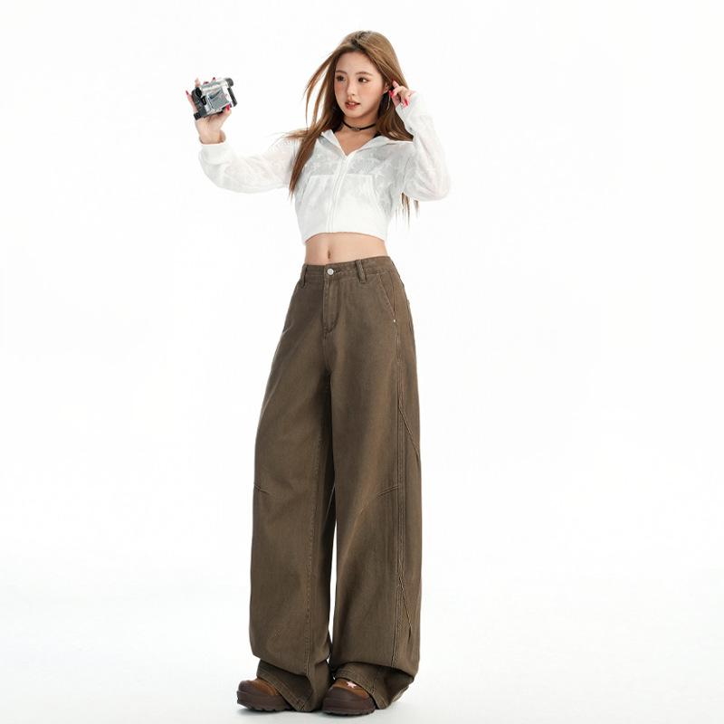Brown coffee high waist wide leg jeans women's American retro autumn and winter new loose drape thin straight pants versatile