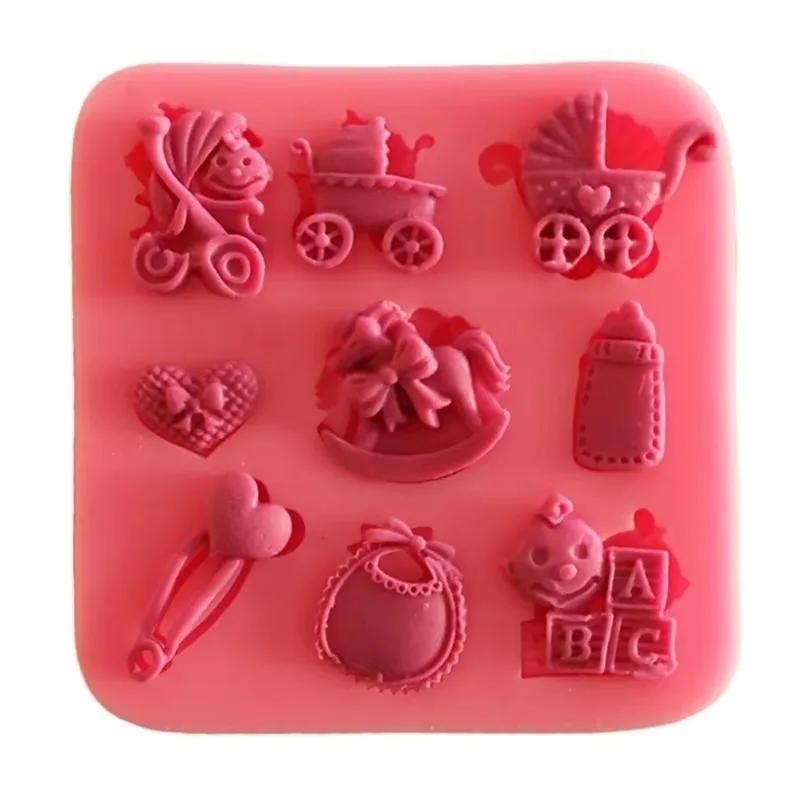 Baking Molds DIY Flip Sugar Cakes Baby Carriages Baby Bottles Letters Trojans Toys Silicone Clay Mold Bakeware