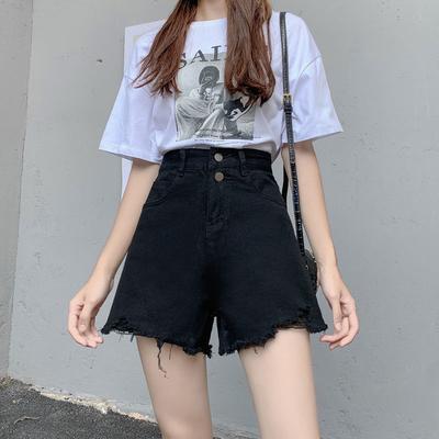 Classic and Minimalist Fashion Versatile Black Female Summer Loose High-waisted Thin Outside Wearing Broken Holes Wide-legged A Word Denim Shorts