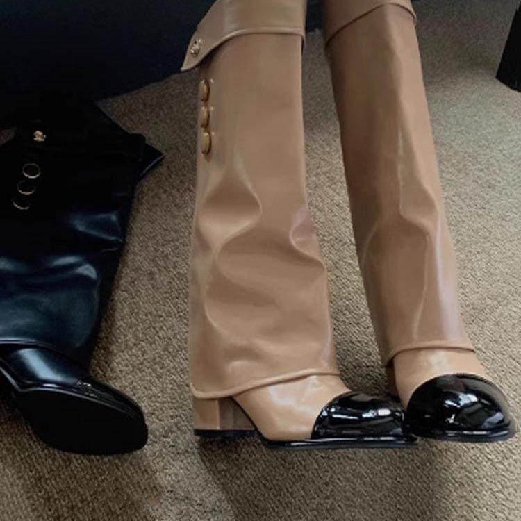 High Heel Knight Boots Women's Leather Patchwork Over Knee Long Tube Boots Round Head Not Knee High Fashion Boots Winter Season