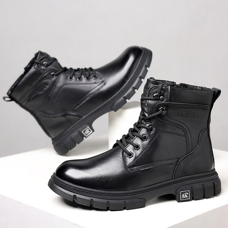 First layer cowhide Martin boots men's trendy tooling leather winter velvet warm leather boots men's casual high-top men's shoes