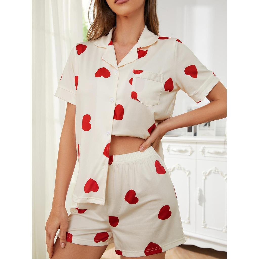Damen Homewear Frühling und Sommer Love Print Bequeme Kurzarmshorts Zweiteiliger Pyjama