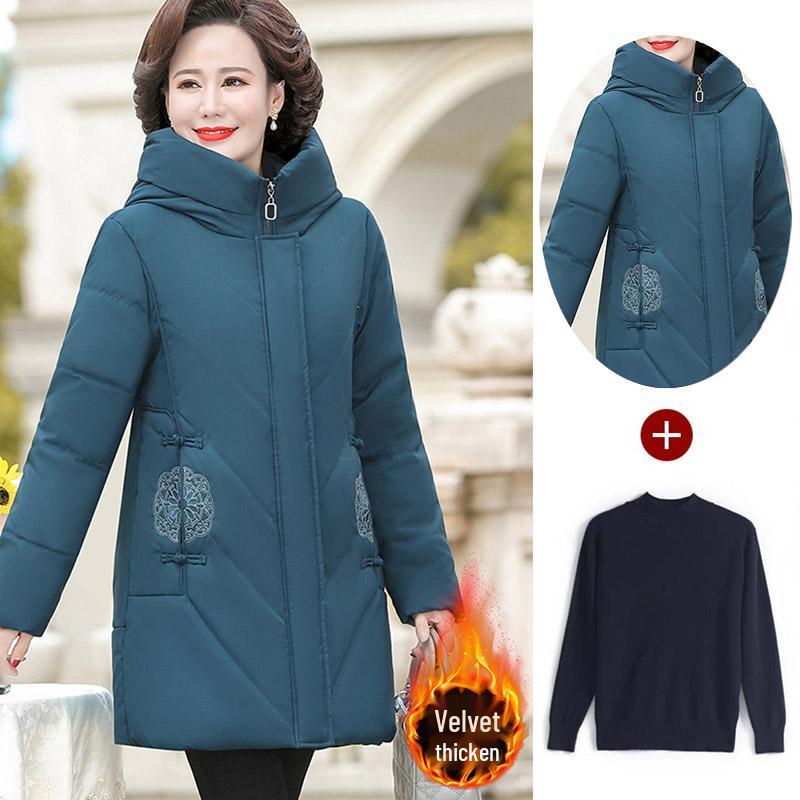 Red Mid-Length Winter Jacket for Middle-Aged and Elderly Women - Thick, Cotton-Padded, Suitable for Spring and Autumn