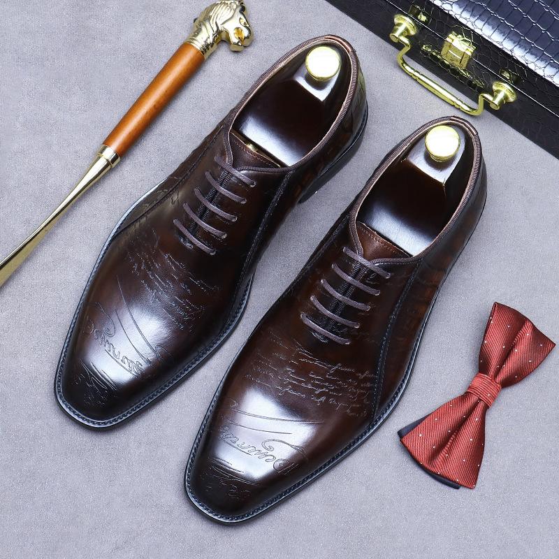 Italian Design Hand Painted Letter Men Wedding Dating Shoes Genuine Leather High Quality Formal Business Dress Shoes