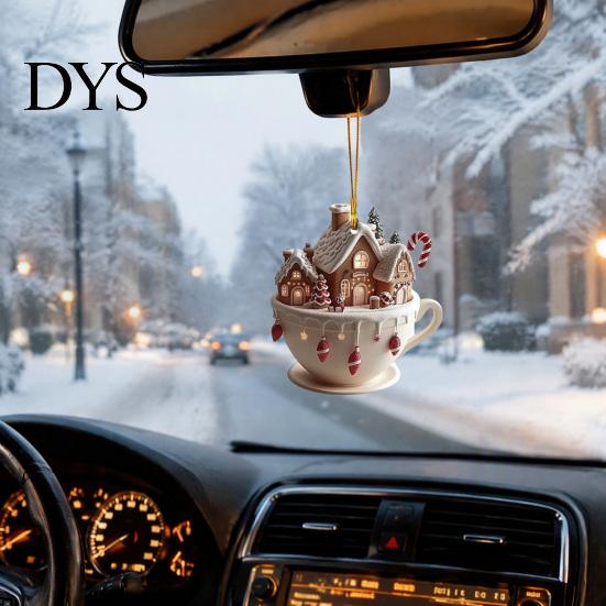 Lightweight Key Chain Accessories 2Pcs Fairy Tale Coffee Cup Snow House Christmas Ornaments, Double-sided Acrylic Gingerbread Tree Decor Hanging