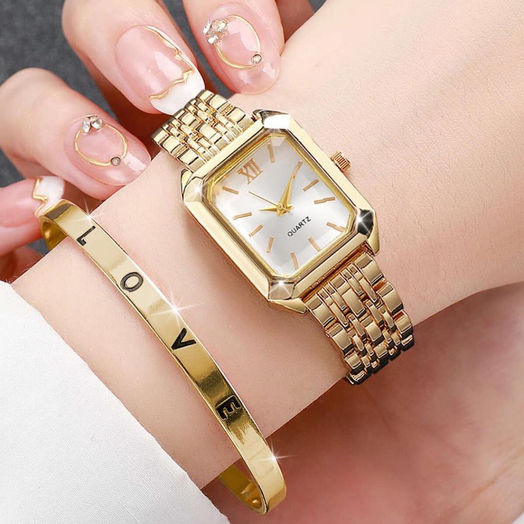 Women's Quartz Wristwatches Rectangle Ladies Fashion Golden Clock Top Luxury Gifts Bracelet Watches for Wife, Family, Friend