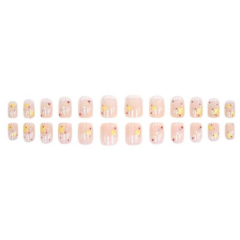 24Pcs  Blush Star Short Square False Nails With Jelly Adhesive Detachable Full Cover Press On Artificial Nails Tips