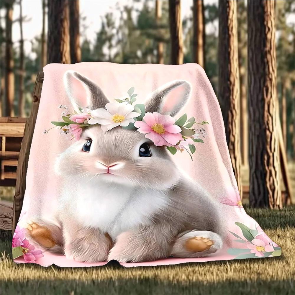 1pc Floral Bunny Ears Outdoor Flannel Blanket , Machine Washable Perfect Gift for Birthday , Holiday Travel Accessory , Durable Material