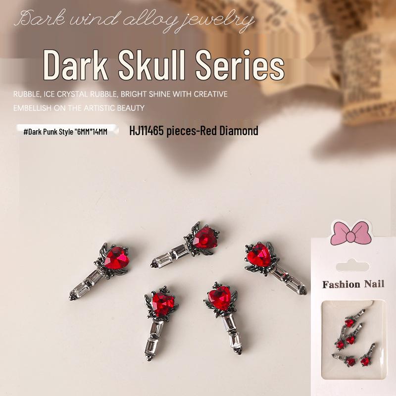 Dark Skull Retro Chrome Heart Scarlet Cross Nail Rhinestone Embellishments - 5 Pcs