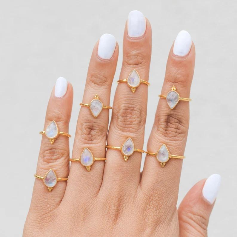 Rainbow Moonstone Ring, Yellow Gold Ring, Solid 925 Sterling Silver Birthstone Ring, Bezel Ring, Bohemian Ring, Partywear Ring, Bezel Ring