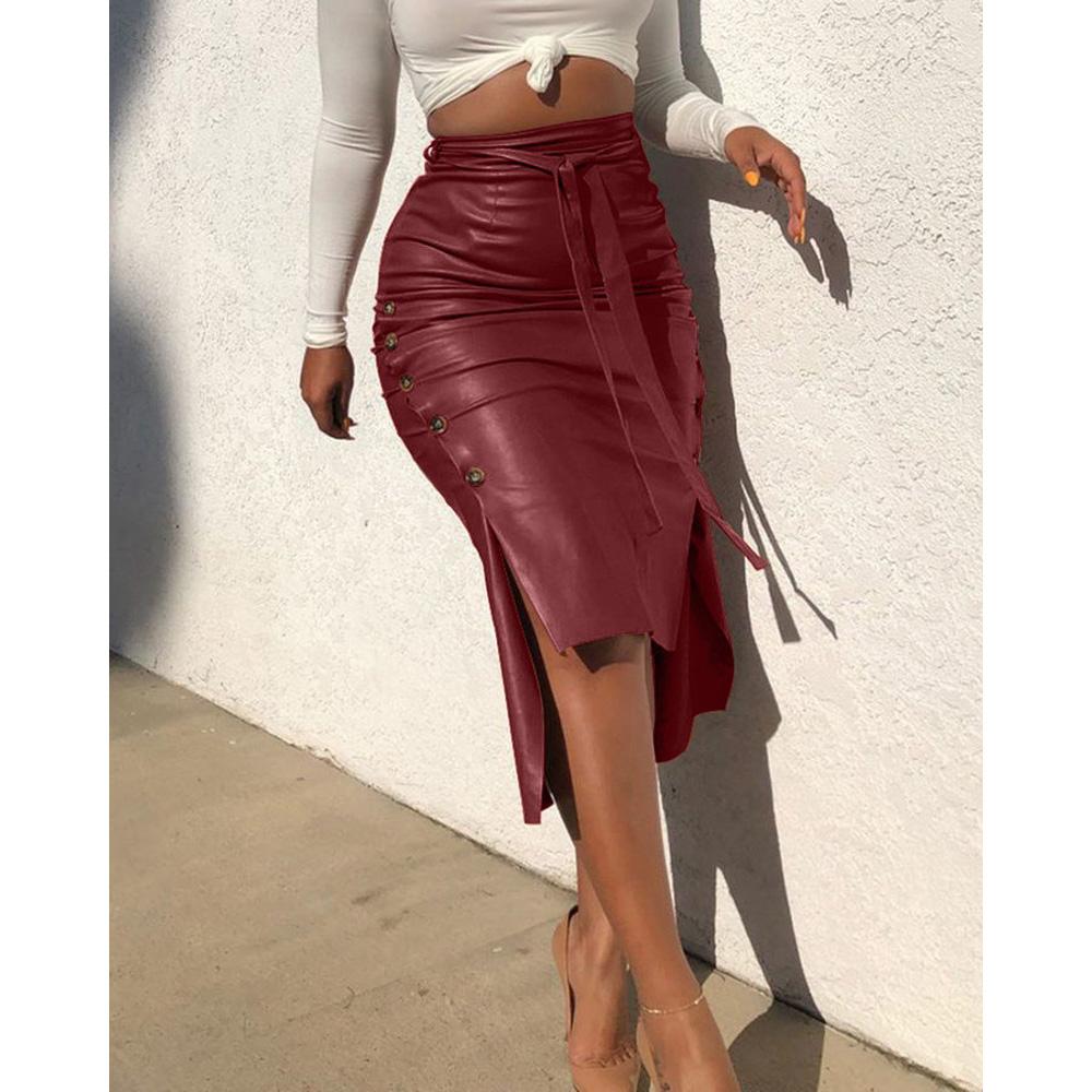 Women Trendy PU Midi Skirt Solid Color High Waist Lace-up Side Button Slim Skinny Pencil Skirt for Ladies Streetwear