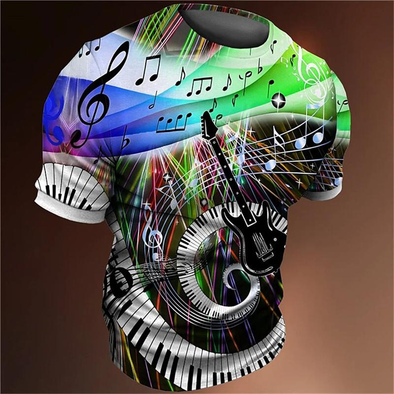 3D Printed Colorful Music T-Shirt For Men Musical Notes Pattern T Shirts Summer Casual Loose Tees Round Neck Tops Short Sleeves