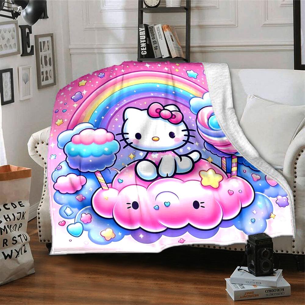 1pc Hello Kitty, Rainbow blanket Lightweight Flannel Throw for Sofa Bed Travel Camping Livingroom Office Couch Chair