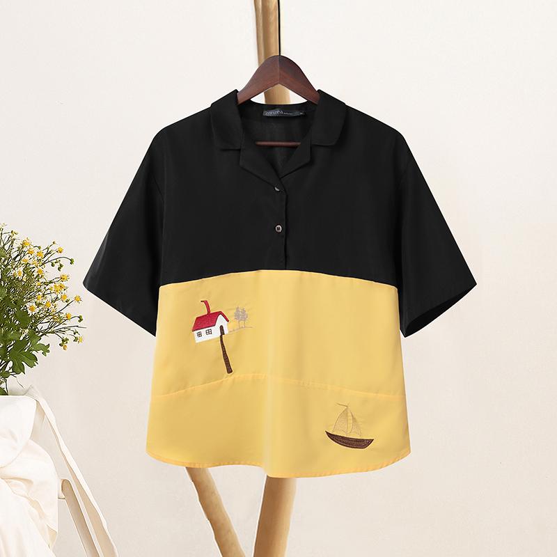 ZANZEA Women Casual Turn Down Collar Summer Short Sleeve Patchwork Blouse