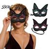 Comfortable Cosplay Mask Cat Half Face Mask, Halloween Glitter Venetian Masquerade Exquisite Pattern Rhinestone Ear for Party Costume