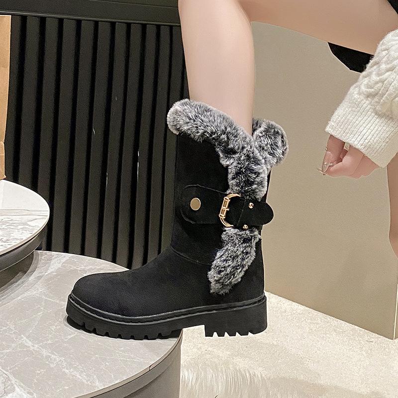 Winter snow boots women's thick-soled solid color plush plush decorative medium tube casual boots fashionable warm women's boots