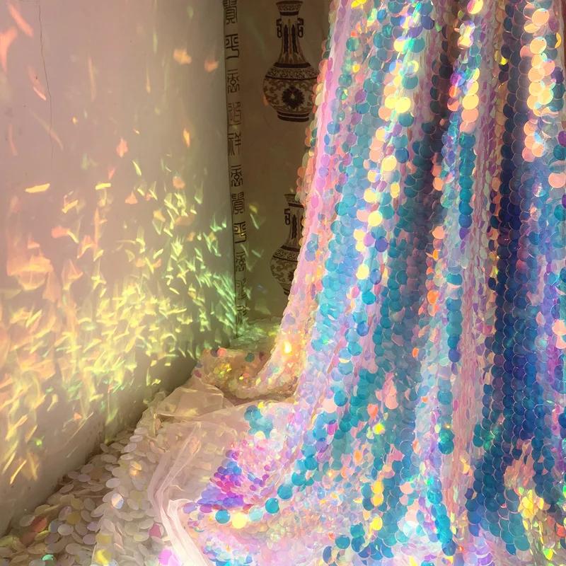 Laser Iridescent Shiny Fish Scale Fabric Sequins Glitter Fabric for Tablecloth Dress Party Background Shooting Decor