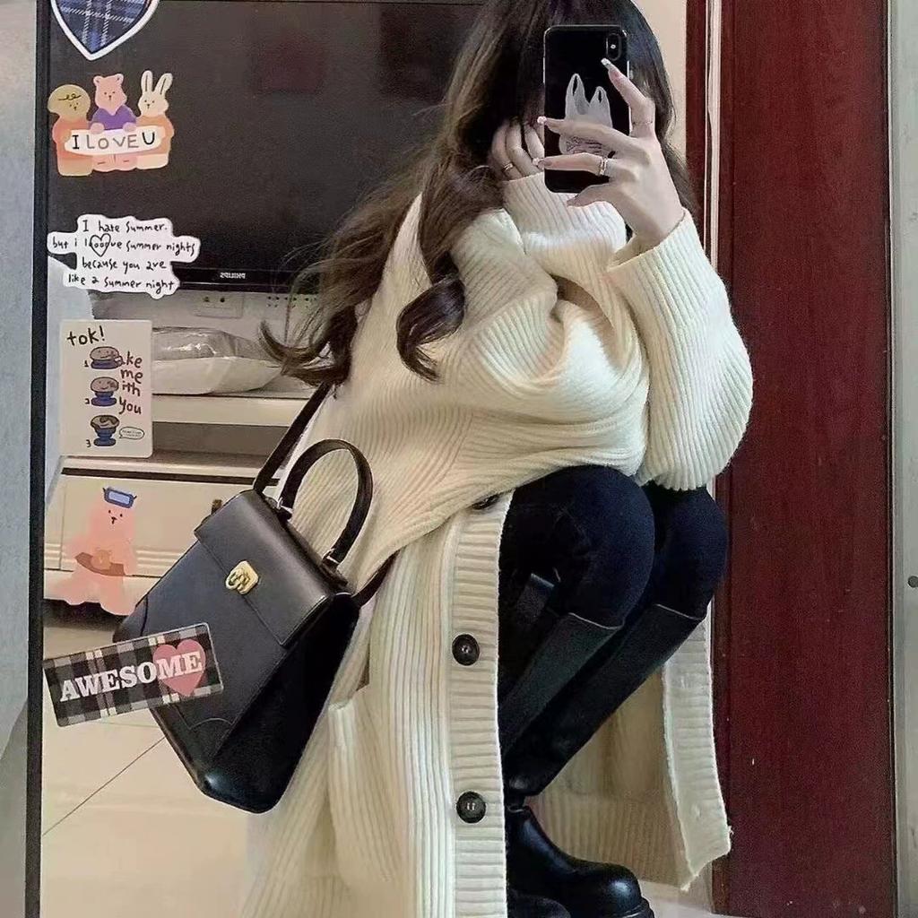 Plus Size Loose Mid-length Pocket Sweater Jacket Lazy Style Korean V-neck Knitted Cardigan Women Autumn