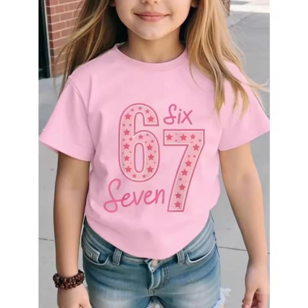 

Short-sleeved T-shirt Fashion Summer Girl Kids Comfortable Round Neck T-shirt Cute Children s Birthday Gift Pink 110