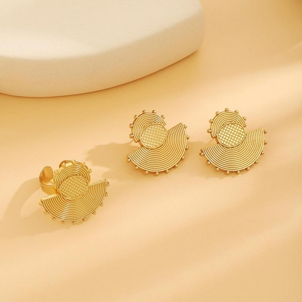 Exaggerated Geometric Metal Earrings: Irregular Fan-Shaped & Round Hollow Design (2-Piece Set)