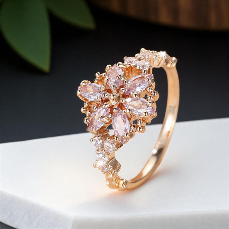 Cute Female Zircon Stone Flower Ring Gold Color Engagement Charm Wedding Jewelry For Women