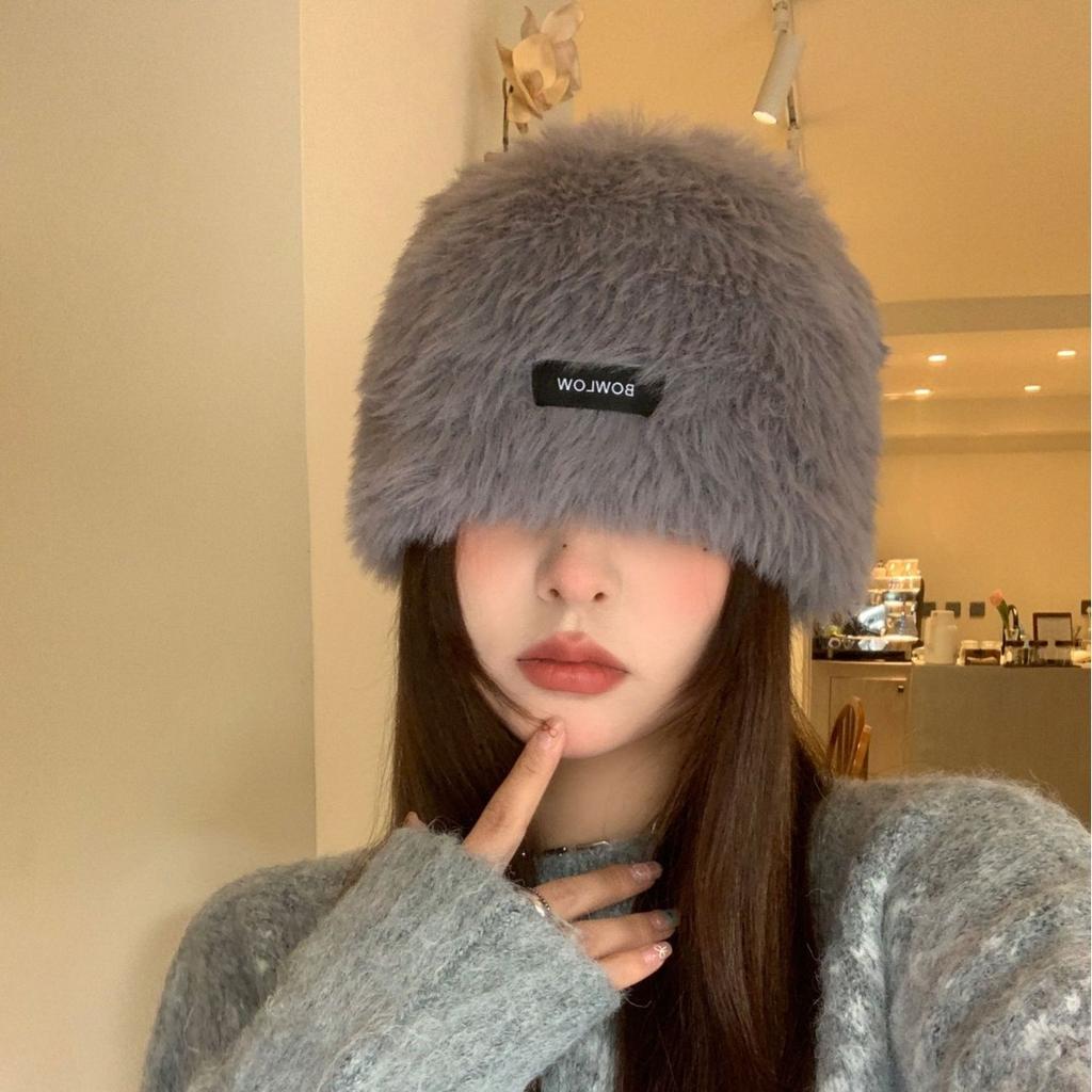 Autumn and Winter New Atmosphere Plush Thickened Warm Hooded Face Showing Small Pullover Cold Hat Women's Pullover Hat