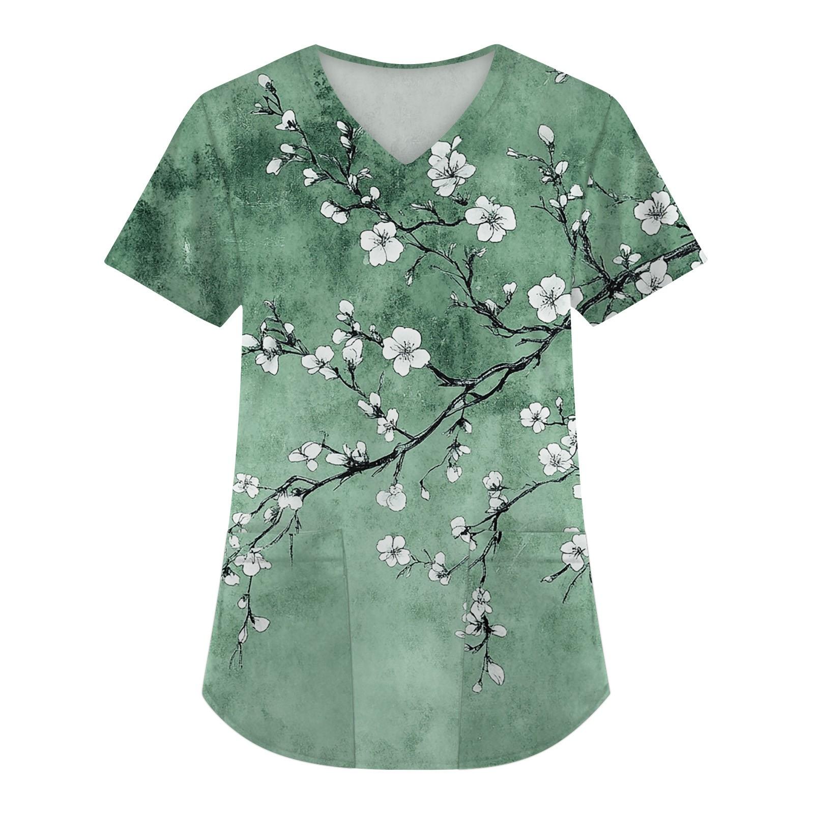 

Женская мода с коротким рукавом и V-образным вырезом с карманами и цветочным принтом Топы Одежда S