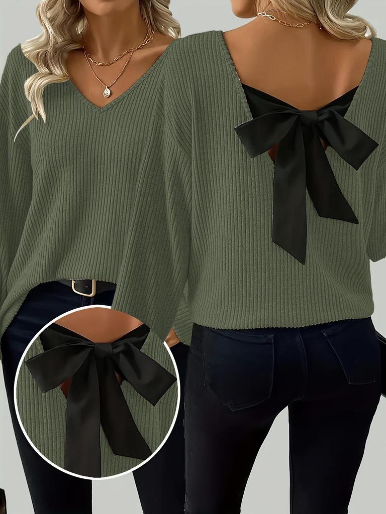 European & American Women's V-Neck Solid Sweater - Autumn Long Sleeve Casual Loose Bow Top