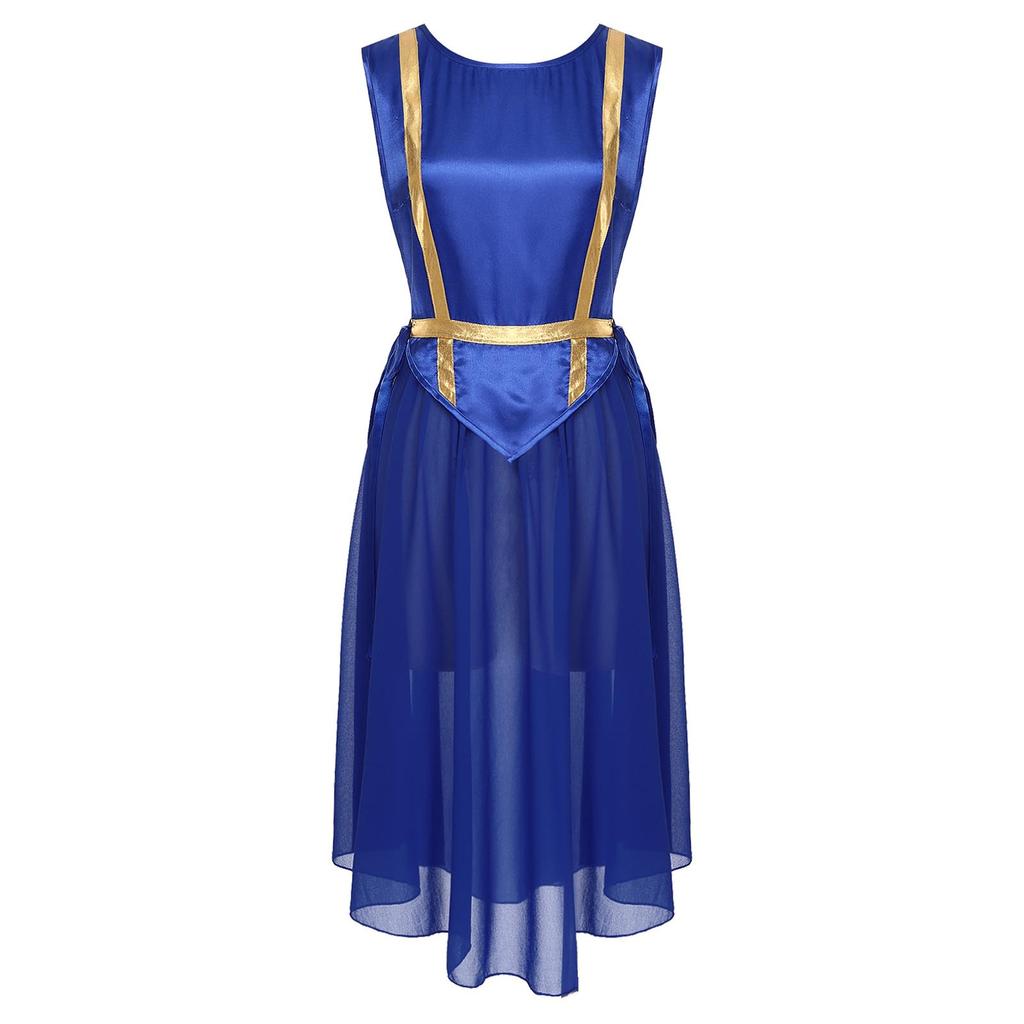 Womens Liturgical Dance Costume Round Neck Sleeveless Design Lace-up Sides Split Hem Satin Tunic