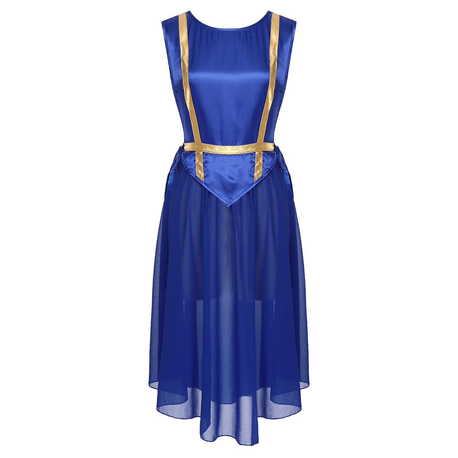 

Женский хоровой костюм для выступления, атласная туника без рукавов, регулируемая шнуровка по бокам, разрезы по подолу, литургическое сценическое платье S синий