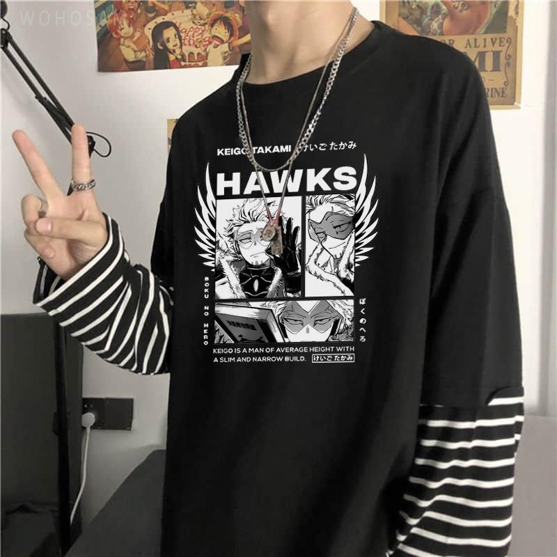 

Аниме My Hero Academia Hawks, забавные футболки с длинными рукавами в стиле манга, мужские/женские уличные топы в стиле Харадзюку, модные поддельные футболки из двух предметов
