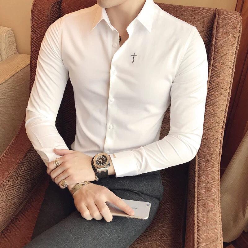 

Біла сорочка чоловіча з довгим рукавом у корейському стилі приталена ділова сорочка трендова весняна повсякденна в гонконгському стилі M білий
