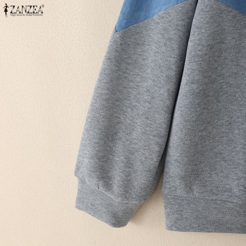 ZANZEA Women Casual Hoodies Long Sleeve Patchwork Zipper Sweatshirt Outwaear