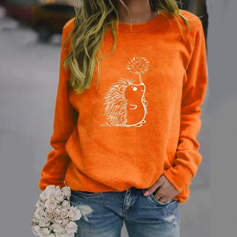 Pull imprimé à motif hérisson mignon pour femme, sweat-shirt à manches longues et col ras du cou confortable