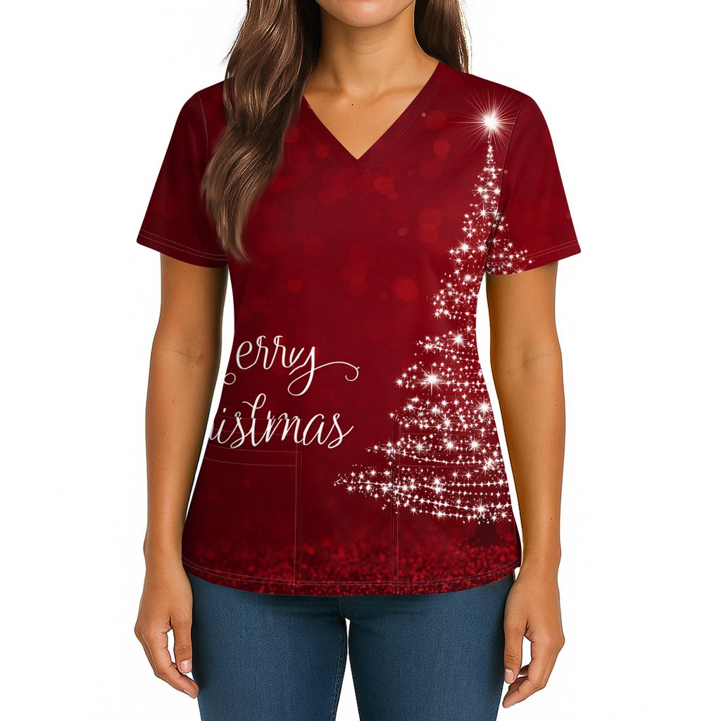 Women's Christmas Print V-Neck Double Pocket Short Sleeves Hem Slit  Uniform And Caregiver Top