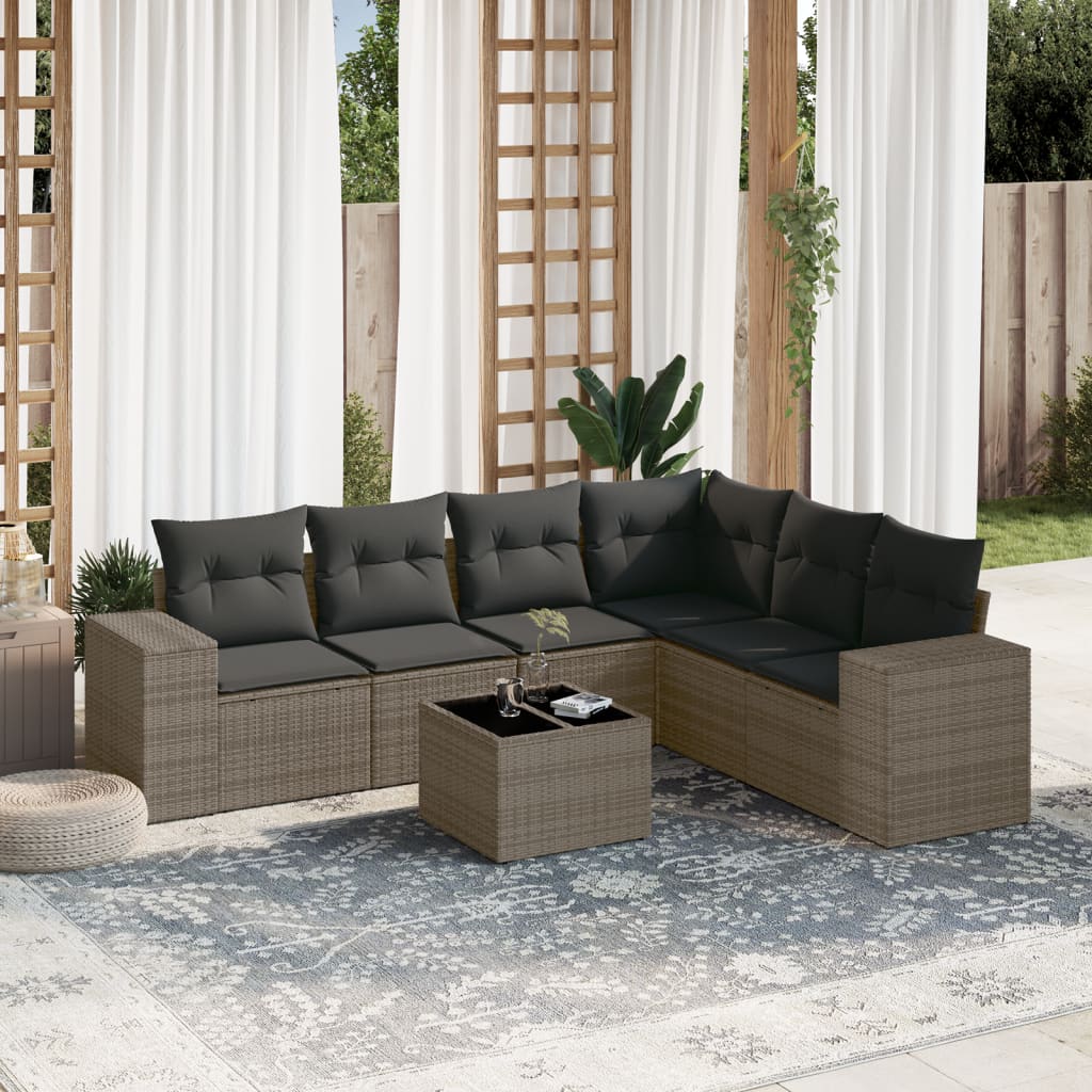 7 Piece Garden Sofa Set with Cushions Gray Poly Rattan
