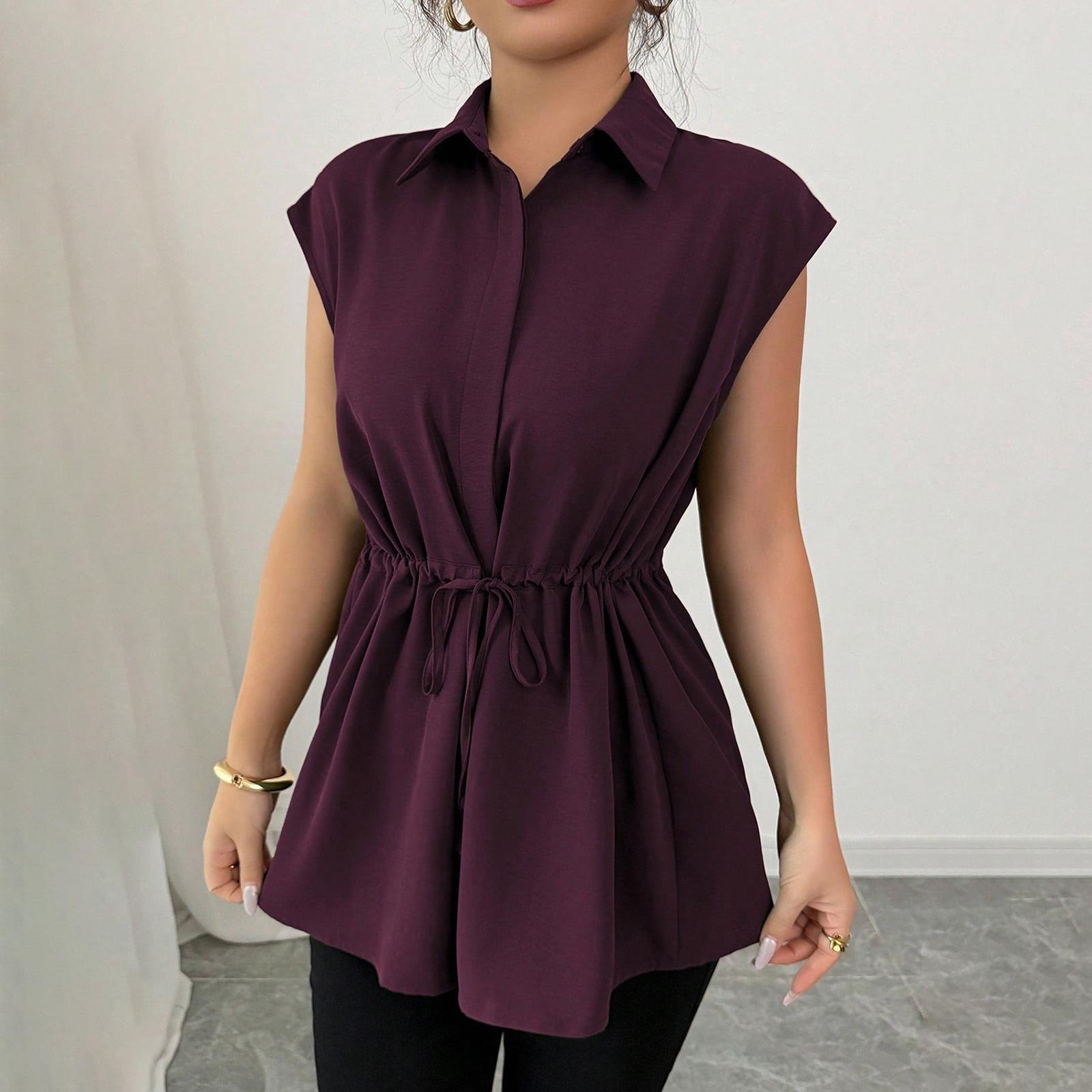 Women s Fashionable Loose Lace Waistband Single Breasted Color Lapel Short Sleeved Top XL винный