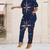 Women Plus Size Two Piece Set Short Sleeve Top Pocket Pants Burst Star Patriotic Print Outfit
