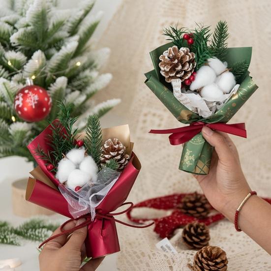Mini vánoční kytice Umělé jehličí Borovice Šiška Bavlněná květina Ruční kytice Ornament Roztomilé stolní ozdoby Dekorace na vánoční stromeček