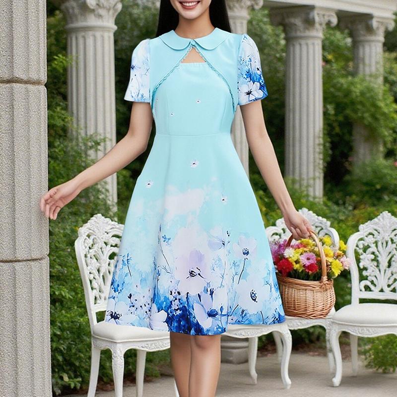 ZANZEA Women Summer Round Neck Casual Short Sleeve Print Dress Holiday
