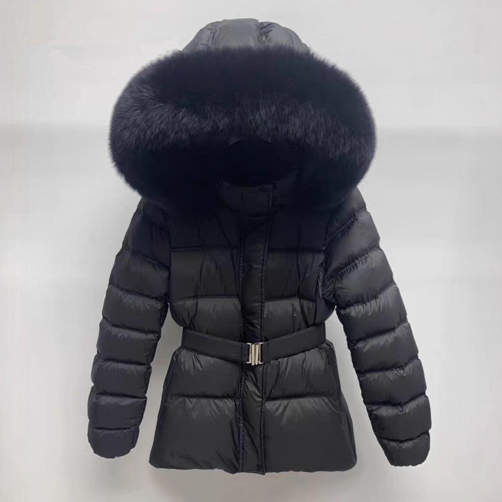 Foreign style waist and thin down jacket women's medium and long small down thickened warm butt cover belt jacket winter