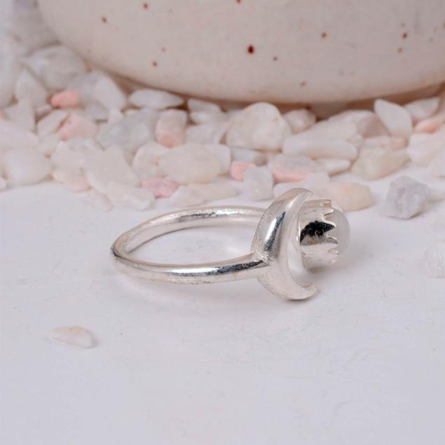 Adjustable Crescent Moonstone Ring | Silver Plated Celestial Brass Jewelry | Witchy Boho Gift for Her