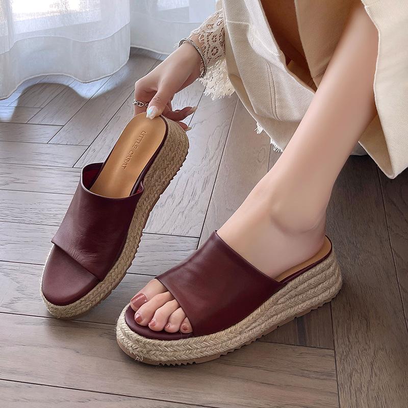 5Cm high heel thick bottom muffin bottom cool slippers women's outdoor wear straw open toe one-word drag first layer cowhide breathable