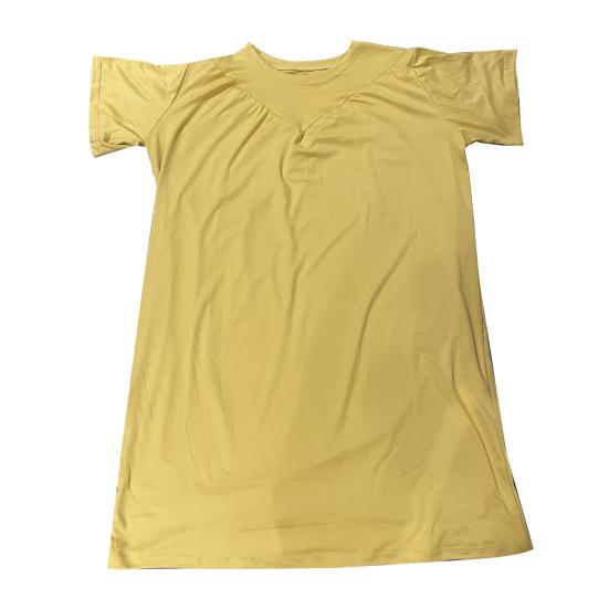 Women Summer Dress Pleated Solid Color O Neck Short Sleeves Thin Loose