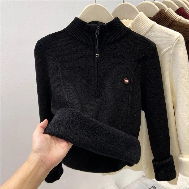 Winter Zipper Semi-turtleneck Thickened Integrated Fleece Warm Inner Top Soft Waxy Sweater Premium Bottoming Shirt