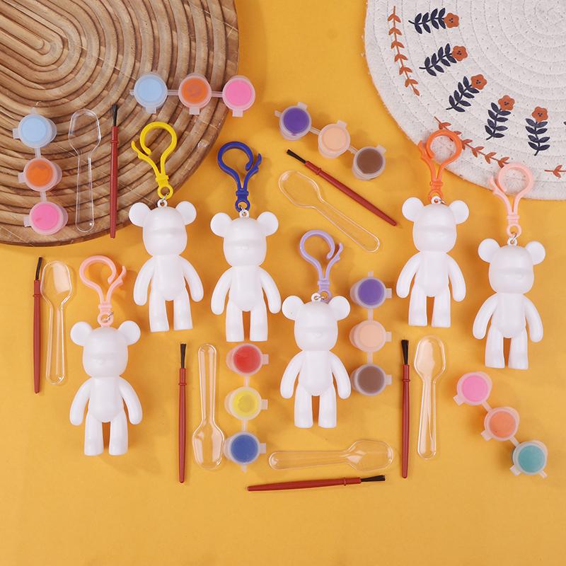 10Pcs White Blank Graffiti Bear Keychains Diy Painting Toy For Kids Birthday Party Favors Kindergarten Gift Goodie Pinata Filler