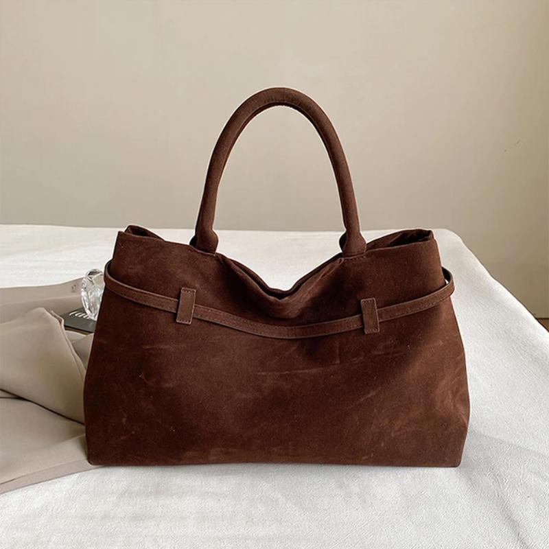 Designer Suede Tote Bag,Vintage Large Capacity Belt Buckle Women Top Handle Handbag,Retro Coffee Color Underarm Shoulder Bag