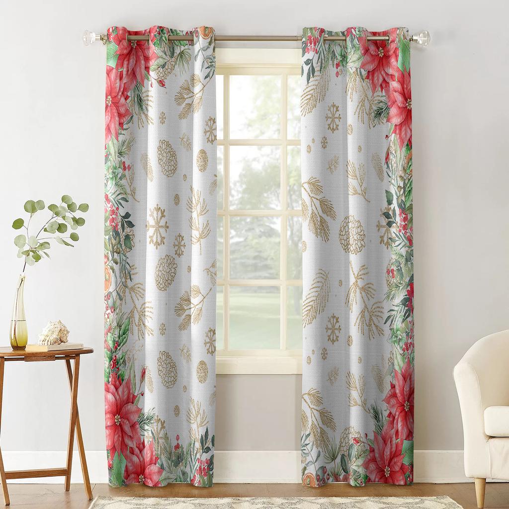 Christmas Flowers And Pine Leaves Blackout Curtains for Kids Home Decor Bedroom Living Room High Shading Window Curtains