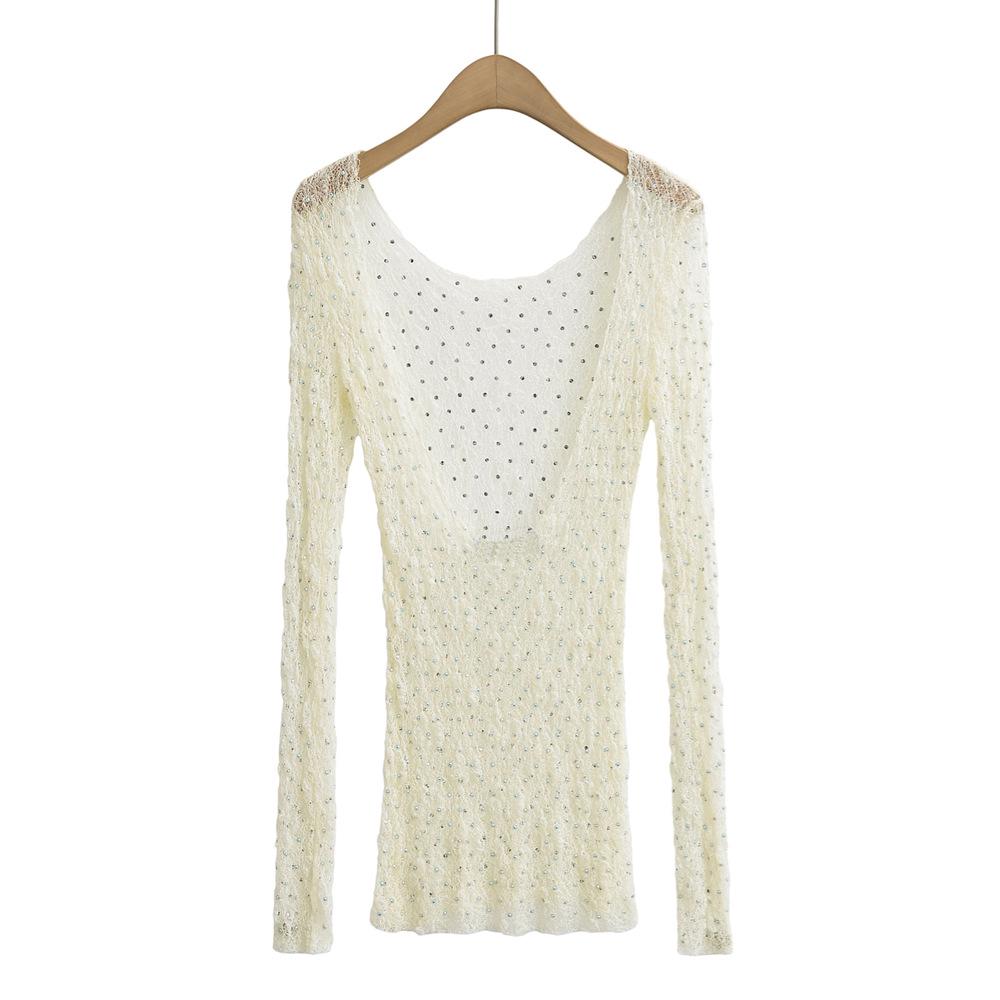2025 Spring Women's Rhinestone Lace Long-Sleeve Slim-Fit T-Shirt