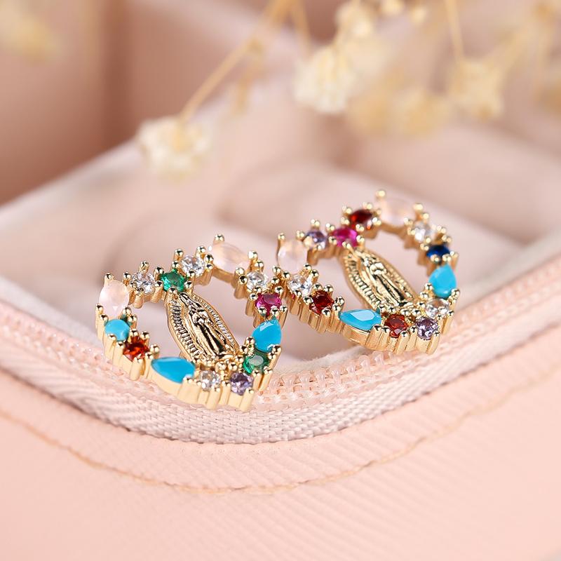 Sjarm Jomfru Maria Øredobber Gullfarge Hjerte Stiftøredobber for Kvinner Dame Mote Religiøse Smykker